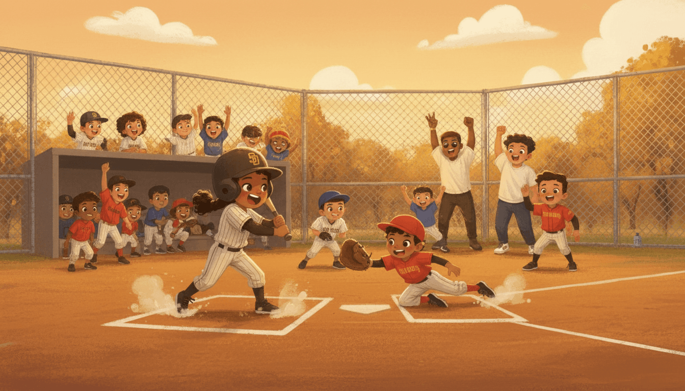 Illustrated youth baseball scene in picture-book style